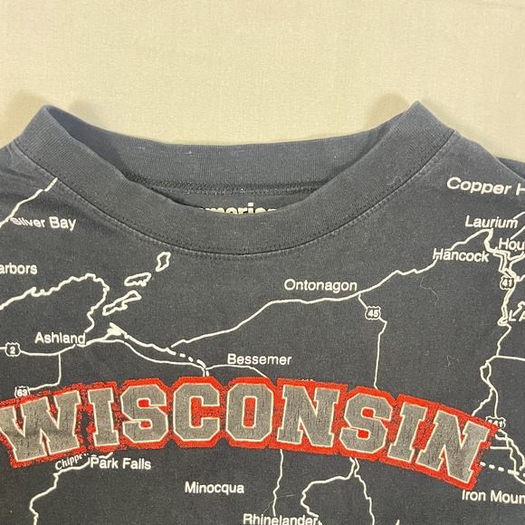 Vintage 90s American Crown Wisconsin All Over Print Map T Shirt Men Medium Black - Picture 3 of 9